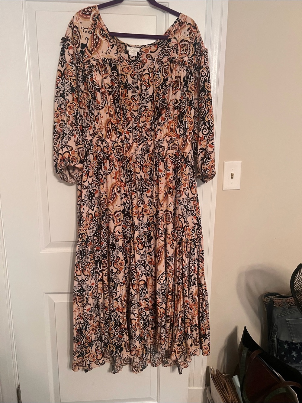 City Chic Beige and Black Paisley Tiered Midi Dress